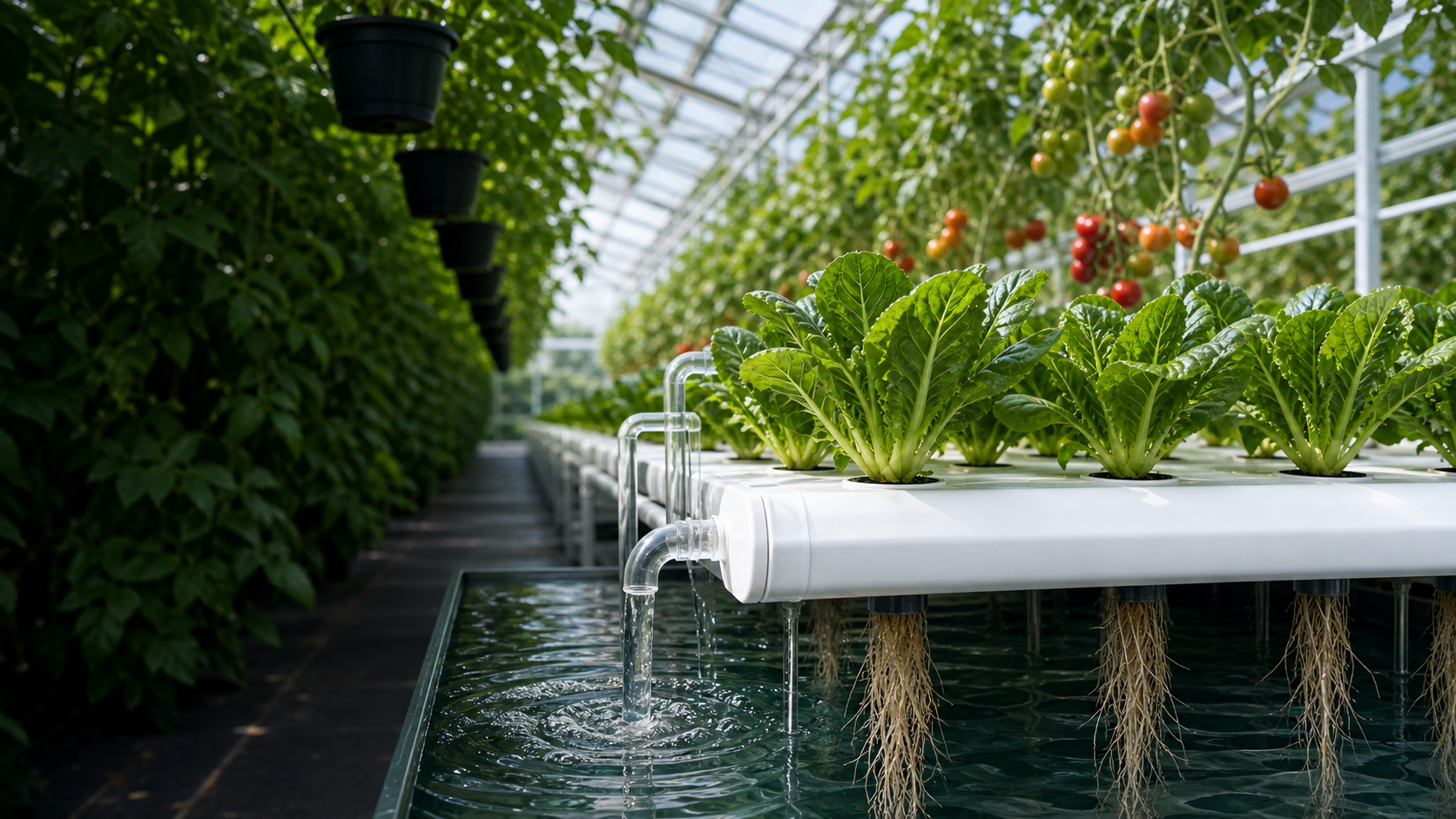 Greenhouse hydroponic channels growing tomatoes and leafy greens with roots in the water